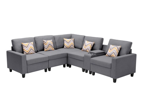 Nolan 106"W Gray Linen Fabric 6Pc Reversible Sectional Sofa with a USB, Charging Ports, Cupholders, Storage Console Table and Pillows and Interchangeable Legs - Image 3