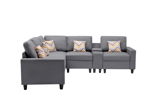 Nolan 106"W Gray Linen Fabric 6Pc Reversible Sectional Sofa with a USB, Charging Ports, Cupholders, Storage Console Table and Pillows and Interchangeable Legs - Image 2
