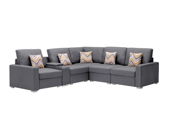 Nolan 106"W Gray Linen Fabric 6Pc Reversible Sectional Sofa with a USB, Charging Ports, Cupholders, Storage Console Table and Pillows and Interchangeable Legs - Image 5