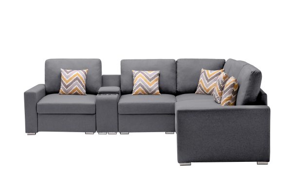 Nolan 106"W Gray Linen Fabric 6Pc Reversible Sectional Sofa with a USB, Charging Ports, Cupholders, Storage Console Table and Pillows and Interchangeable Legs - Image 4