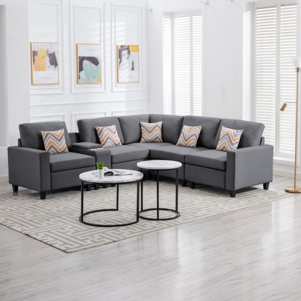Nolan 106"W Gray Linen Fabric 6Pc Reversible Sectional Sofa with a USB, Charging Ports, Cupholders, Storage Console Table and Pillows and Interchangeable Legs - Image 3