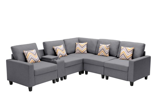Nolan 106"W Gray Linen Fabric 6Pc Reversible Sectional Sofa with a USB, Charging Ports, Cupholders, Storage Console Table and Pillows and Interchangeable Legs - Image 2