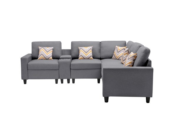 Nolan 106"W Gray Linen Fabric 6Pc Reversible Sectional Sofa with a USB, Charging Ports, Cupholders, Storage Console Table and Pillows and Interchangeable Legs - Image 7