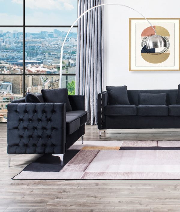 Bayberry 53"W Black Velvet Loveseat with 2 Pillows