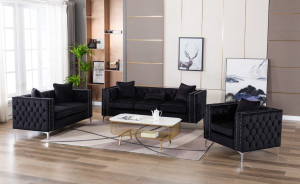 Lorreto Black Velvet Fabric Sofa Loveseat Chair Living Room Set
