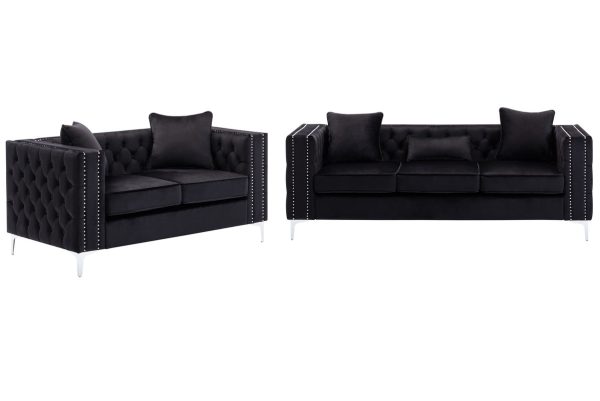 Lorreto Black Velvet Fabric Sofa Loveseat Living Room Set - Image 6