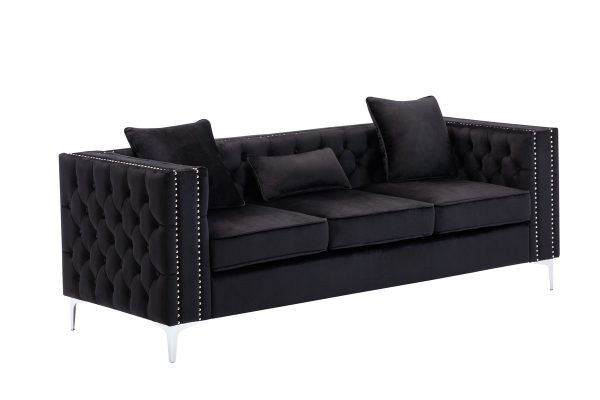 Lorreto Black Velvet Fabric Sofa Loveseat Living Room Set - Image 5