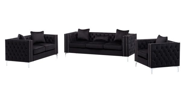 Lorreto Black Velvet Fabric Sofa Loveseat Chair Living Room Set - Image 10