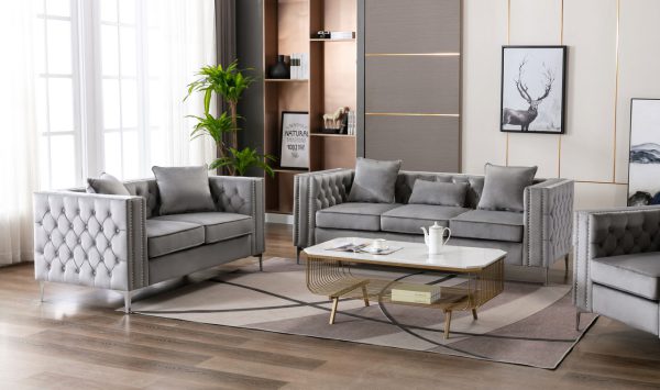Lorreto Gray Velvet Fabric Sofa Loveseat Living Room Set - Image 5