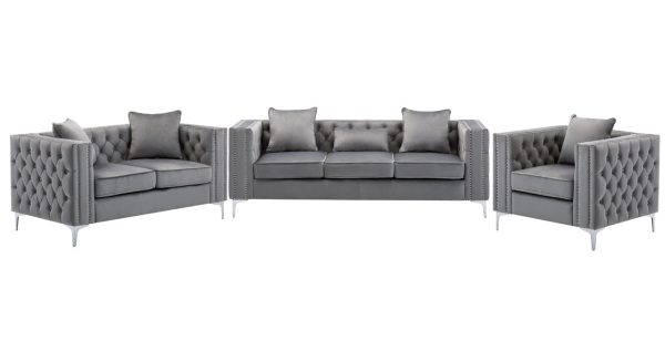 Lorreto Gray Velvet Fabric Sofa Loveseat Chair Living Room Set - Image 9