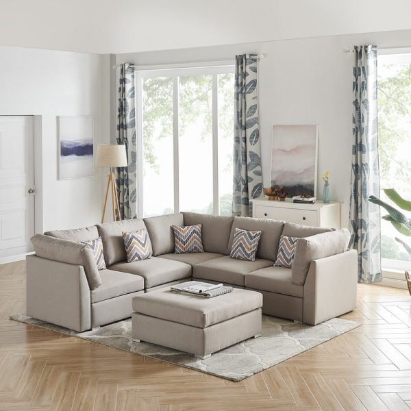 Amira 95.3"W Beige Fabric Reversible Sectional Sofa with Ottoman and Pillows