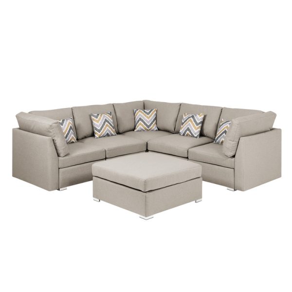 Amira 95.3"W Beige Fabric Reversible Sectional Sofa with Ottoman and Pillows - Image 2