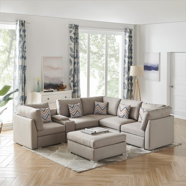 Amira 105.9"W Beige Fabric Reversible Sectional Sofa with USB Console and Ottoman - Image 2