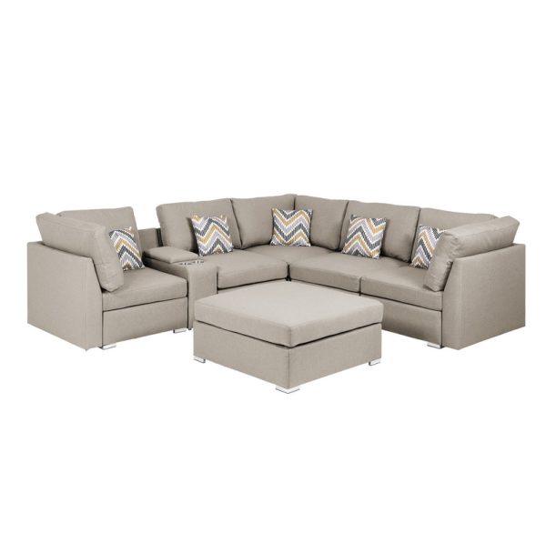 Amira 105.9"W Beige Fabric Reversible Sectional Sofa with USB Console and Ottoman - Image 5