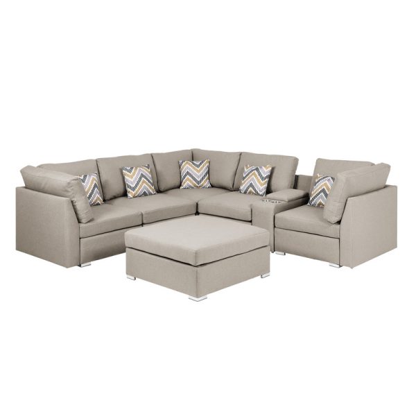Amira 105.9"W Beige Fabric Reversible Sectional Sofa with USB Console and Ottoman - Image 4