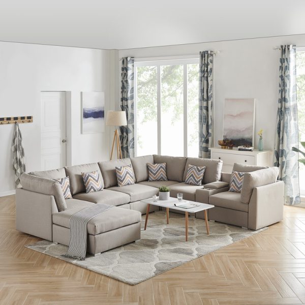 Amira 122.8"W Beige Fabric Reversible Modular Sectional Sofa with USB Console and Ottoman