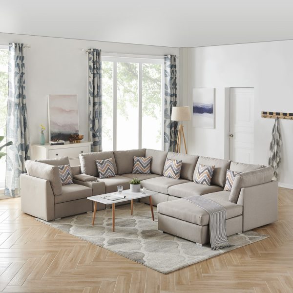 Amira 122.8"W Beige Fabric Reversible Modular Sectional Sofa with USB Console and Ottoman - Image 4