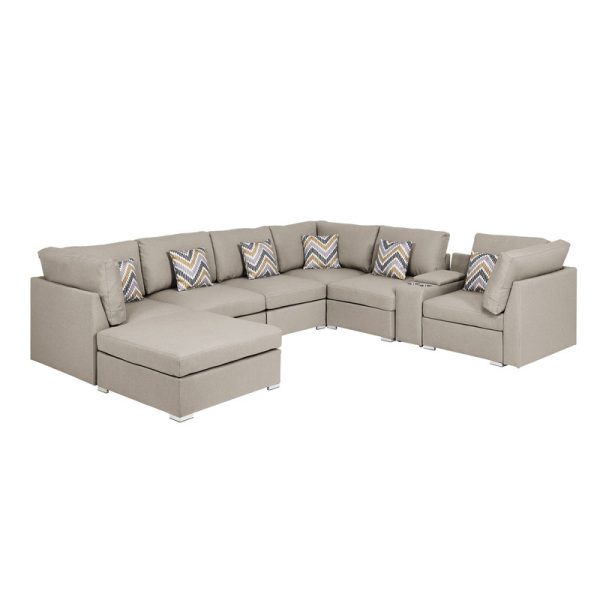 Amira 122.8"W Beige Fabric Reversible Modular Sectional Sofa with USB Console and Ottoman - Image 3