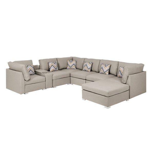 Amira 122.8"W Beige Fabric Reversible Modular Sectional Sofa with USB Console and Ottoman - Image 6