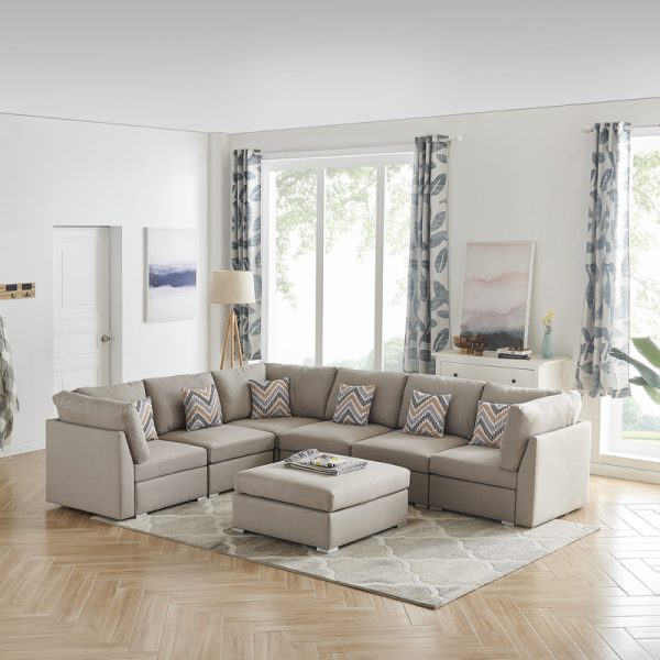 Amira 120.5"W Beige Fabric Reversible Modular Sectional Sofa with Ottoman and Pillows