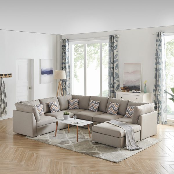 Amira 120.5"W Beige Fabric Reversible Modular Sectional Sofa with Ottoman and Pillows