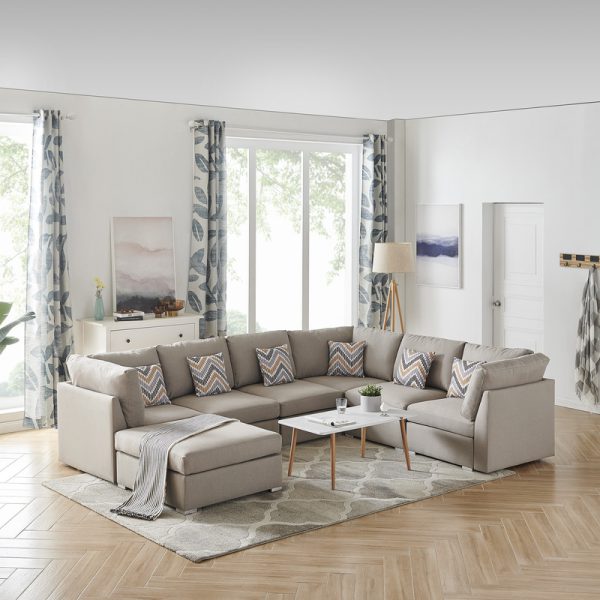 Amira 120.5"W Beige Fabric Reversible Modular Sectional Sofa with Ottoman and Pillows - Image 3