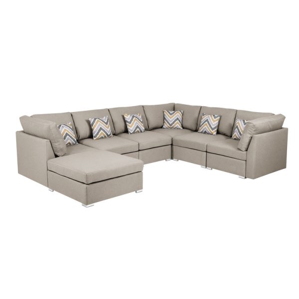 Amira 120.5"W Beige Fabric Reversible Modular Sectional Sofa with Ottoman and Pillows - Image 2