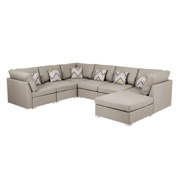 Amira 120.5"W Beige Fabric Reversible Modular Sectional Sofa with Ottoman and Pillows - Image 6