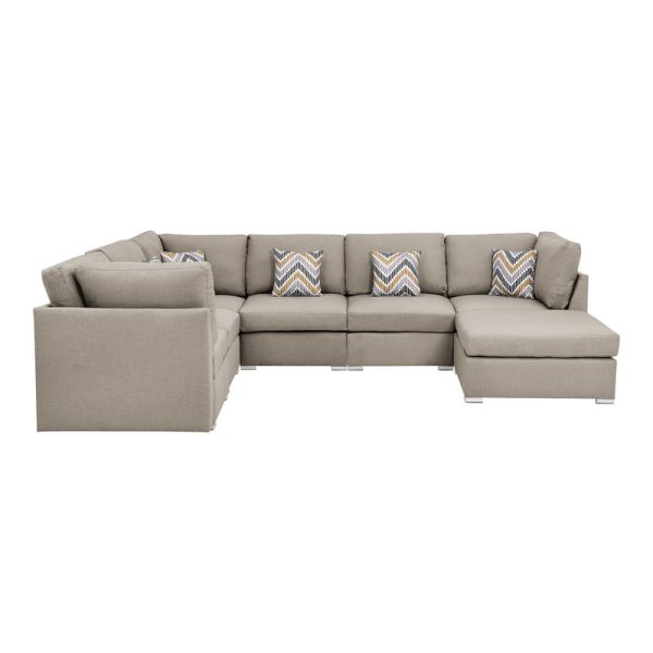 Amira 120.5"W Beige Fabric Reversible Modular Sectional Sofa with Ottoman and Pillows - Image 5