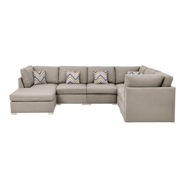 Amira 120.5"W Beige Fabric Reversible Modular Sectional Sofa with Ottoman and Pillows - Image 4
