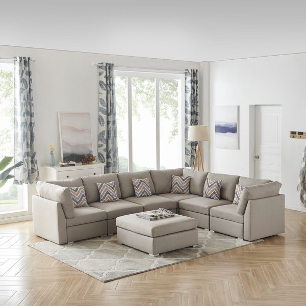 Amira 120.5"W Beige Fabric Reversible Modular Sectional Sofa with Ottoman and Pillows - Image 6