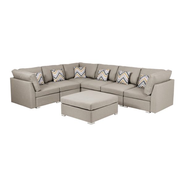 Amira 120.5"W Beige Fabric Reversible Modular Sectional Sofa with Ottoman and Pillows - Image 5