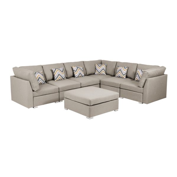 Amira 120.5"W Beige Fabric Reversible Modular Sectional Sofa with Ottoman and Pillows - Image 4