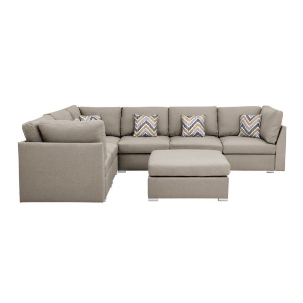 Amira 120.5"W Beige Fabric Reversible Modular Sectional Sofa with Ottoman and Pillows - Image 3