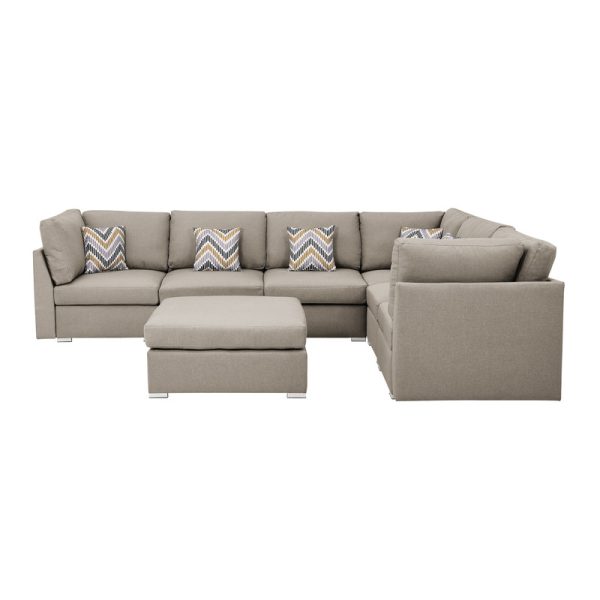 Amira 120.5"W Beige Fabric Reversible Modular Sectional Sofa with Ottoman and Pillows - Image 2