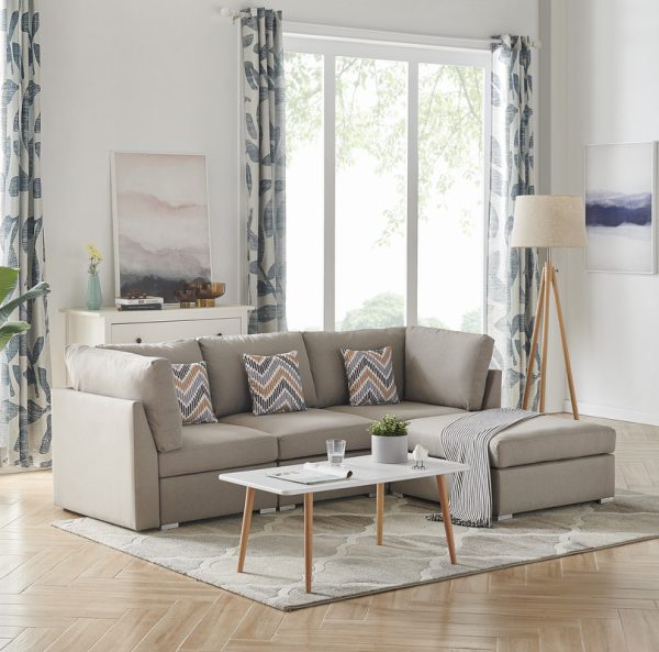 Amira 95.3"W Beige Fabric Sofa with Ottoman and Pillows
