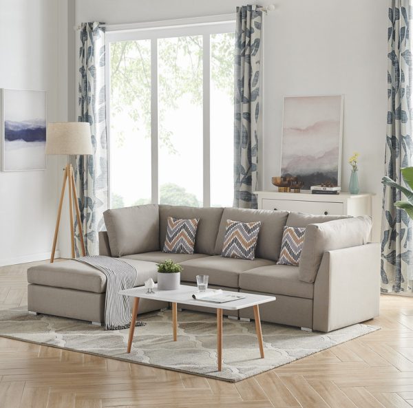Amira 95.3"W Beige Fabric Sofa with Ottoman and Pillows - Image 4