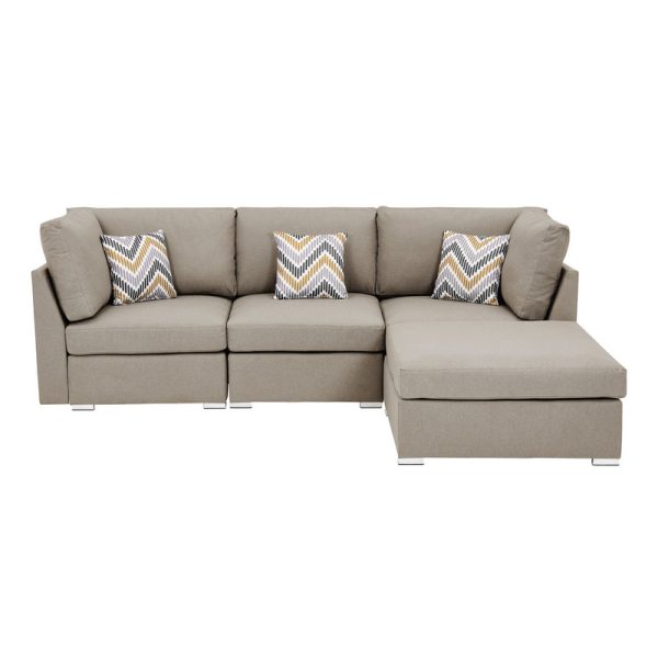 Amira 95.3"W Beige Fabric Sofa with Ottoman and Pillows - Image 6