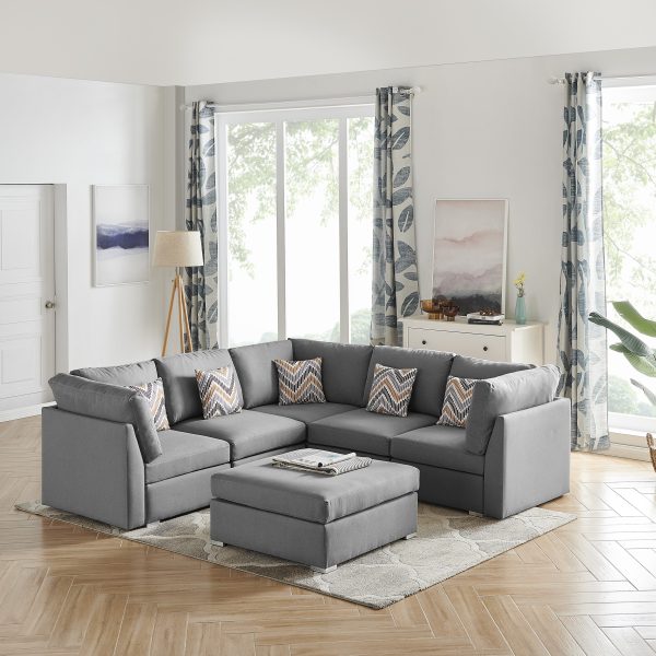 Amira 95.3"W Gray Fabric Reversible Sectional Sofa with Ottoman and Pillows