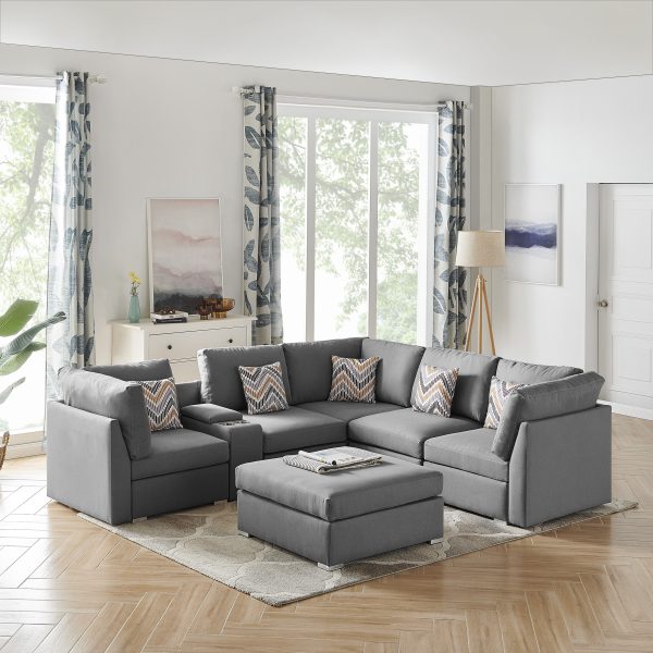 Amira 105.9"W Gray Fabric Reversible Sectional Sofa with USB Console and Ottoman