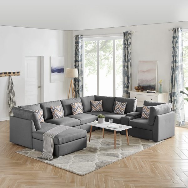Amira 122.8"W Gray Fabric Reversible Modular Sectional Sofa with USB Console and Ottoman