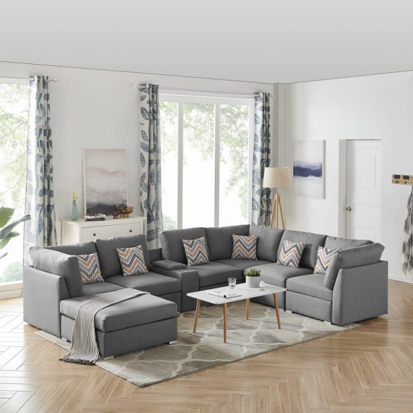 Amira 131.5"W Gray Fabric Reversible Modular Sectional Sofa with USB Console and Ottoman - Image 3