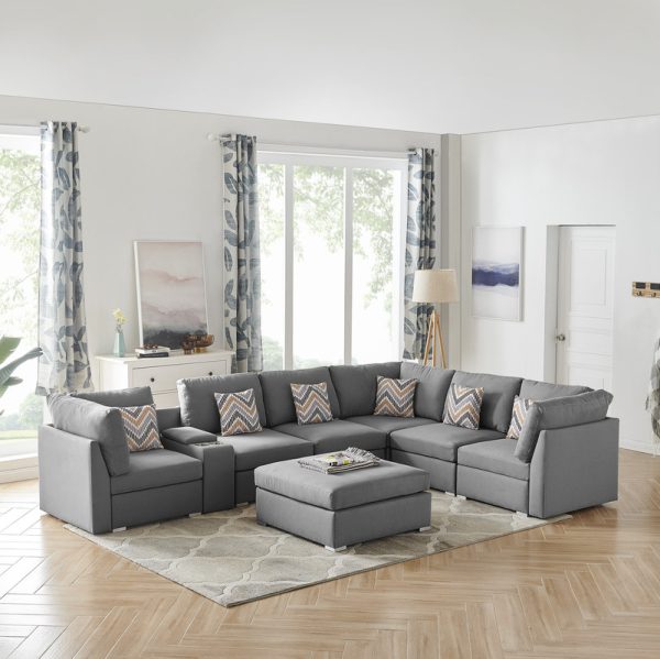 Amira 131.5"W Gray Fabric Reversible Modular Sectional Sofa with USB Console and Ottoman - Image 2