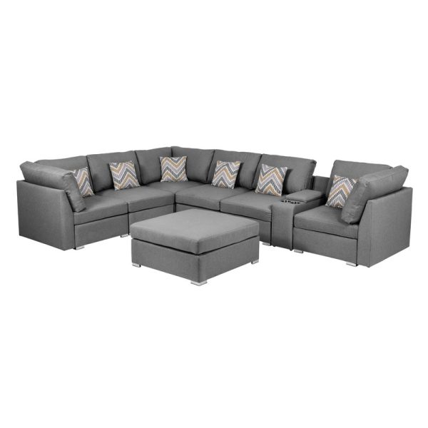 Amira 131.5"W Gray Fabric Reversible Modular Sectional Sofa with USB Console and Ottoman - Image 6
