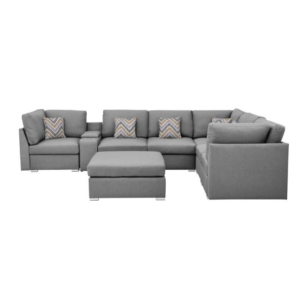 Amira 131.5"W Gray Fabric Reversible Modular Sectional Sofa with USB Console and Ottoman - Image 4