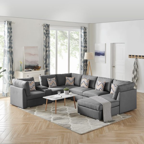 Amira 122.8"W Gray Fabric Reversible Modular Sectional Sofa with USB Console and Ottoman - Image 4