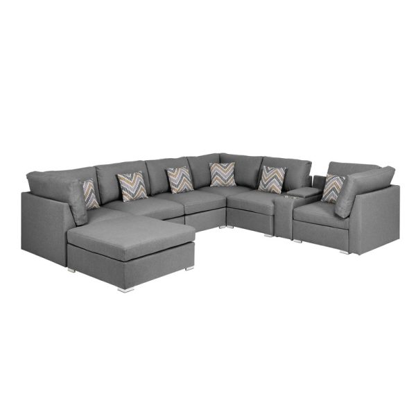 Amira 122.8"W Gray Fabric Reversible Modular Sectional Sofa with USB Console and Ottoman - Image 3