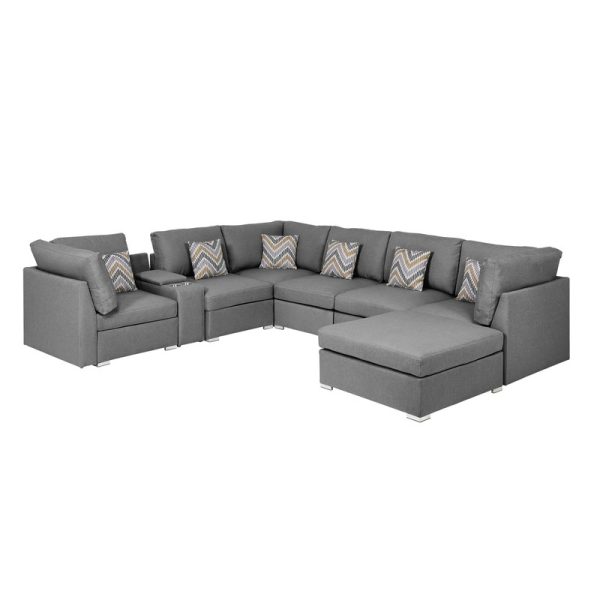 Amira 122.8"W Gray Fabric Reversible Modular Sectional Sofa with USB Console and Ottoman - Image 2
