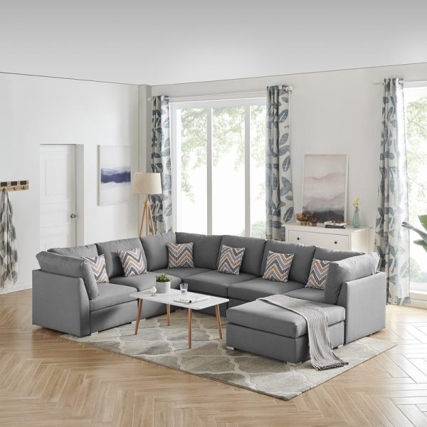 Amira 120.5"W Gray Fabric Reversible Modular Sectional Sofa with Ottoman and Pillows