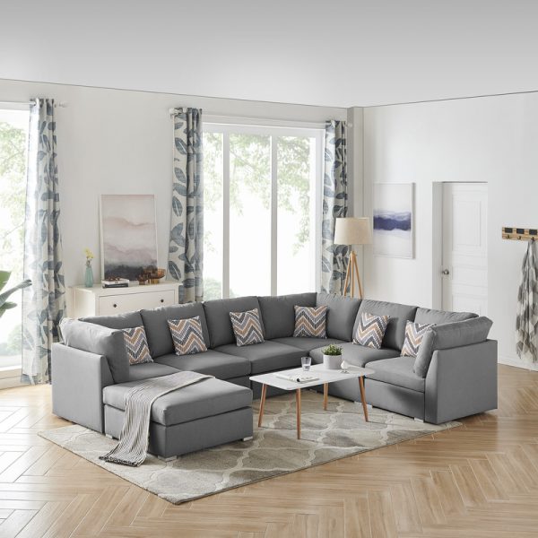 Amira 120.5"W Gray Fabric Reversible Modular Sectional Sofa with Ottoman and Pillows - Image 4